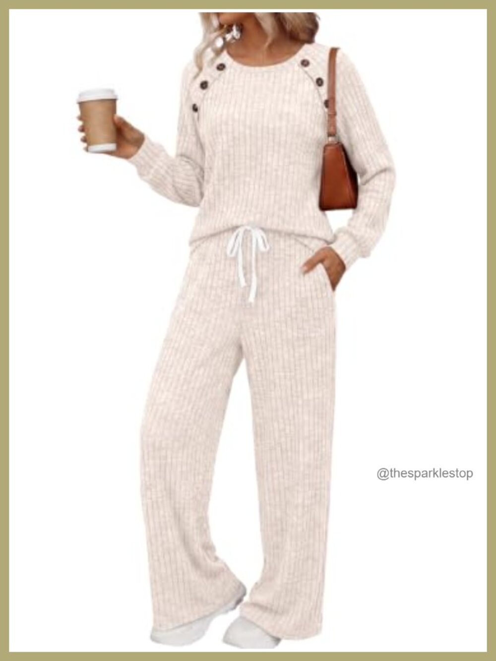 2 Piece Lounge Set Ribbed Knit Wide Leg Pants Crewneck Travel Outfit